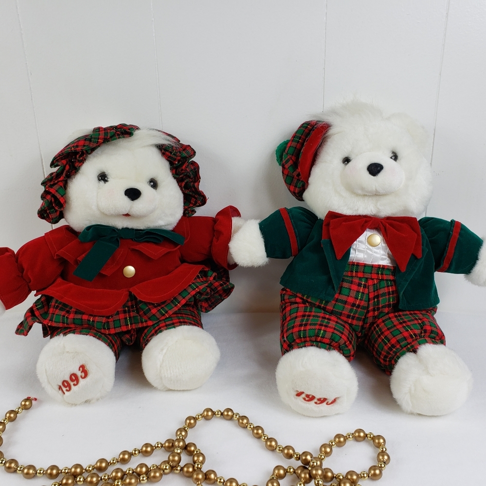 1993 Christmas Bears with Plaid Matching Outfits. Gold Buttons, Velour, and Red